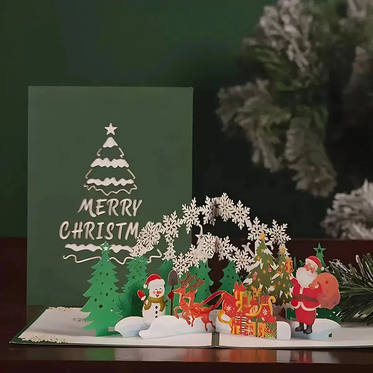 Christmas tree pop-up greeting card in festive lifestyle setting. Buy online with free shipping in Australia.