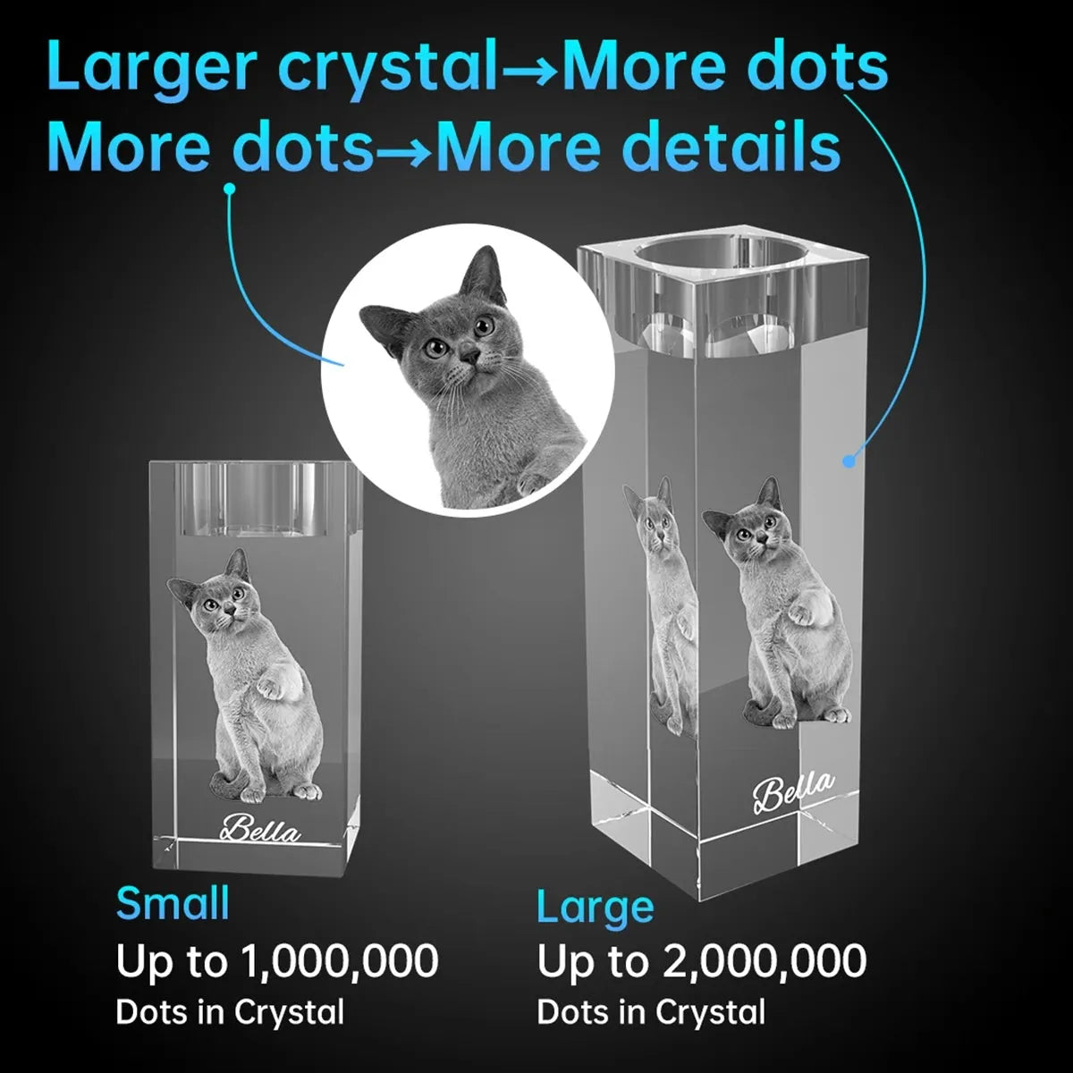 Close-up of engraving detail in large 3D crystal candle holder – fine laser dots, made in Australia