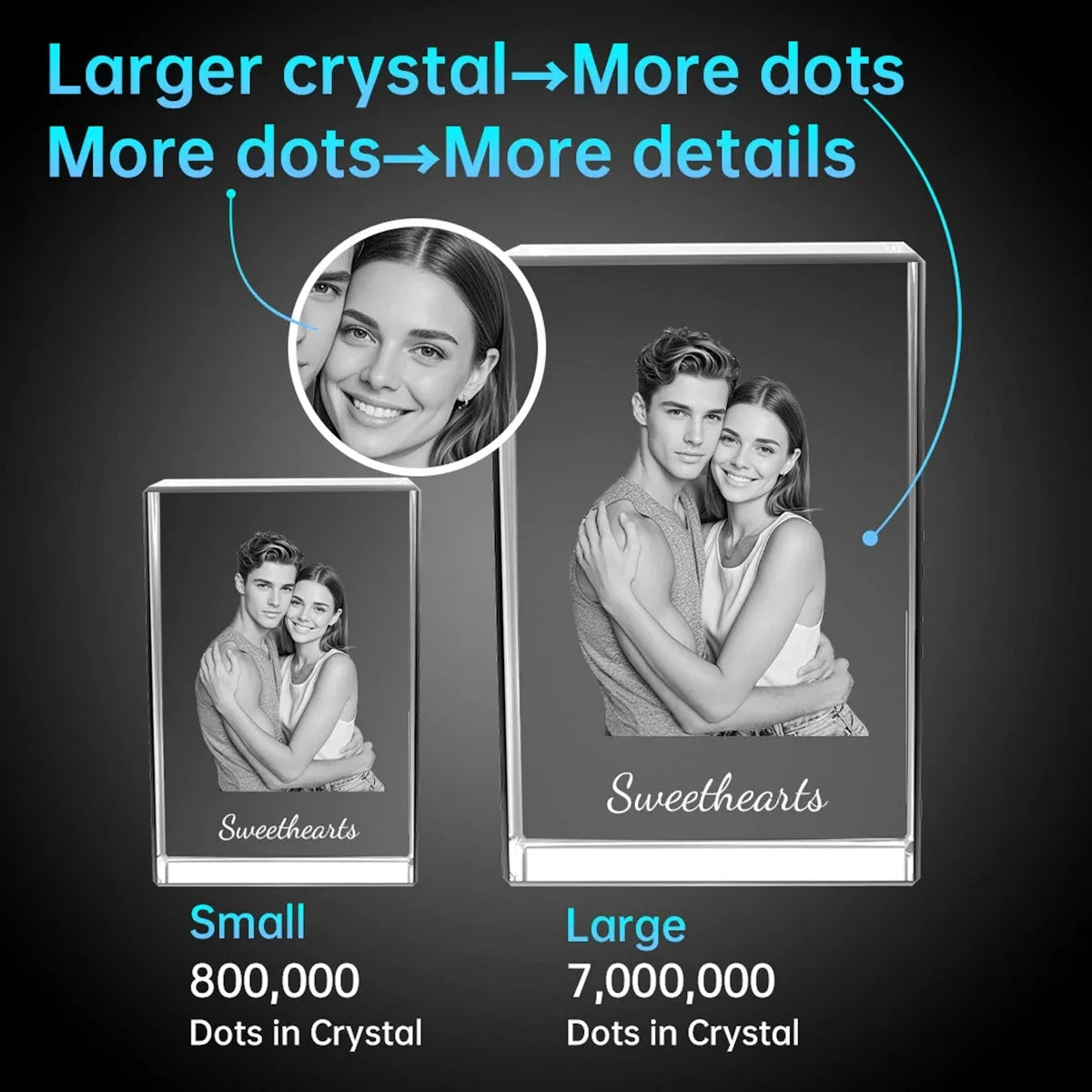 Detailed 3D engraving in large crystal photo gift – dot pattern realism, locally made