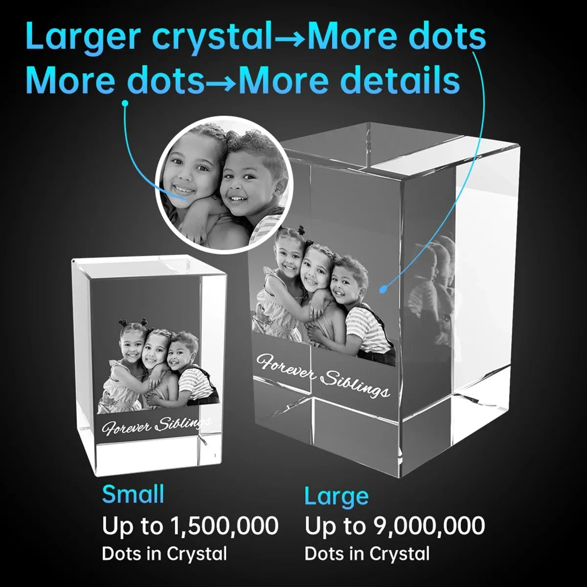 Laser engraving dot detail in XL 3D crystal cube – high realism, handcrafted in Australia, ships free
