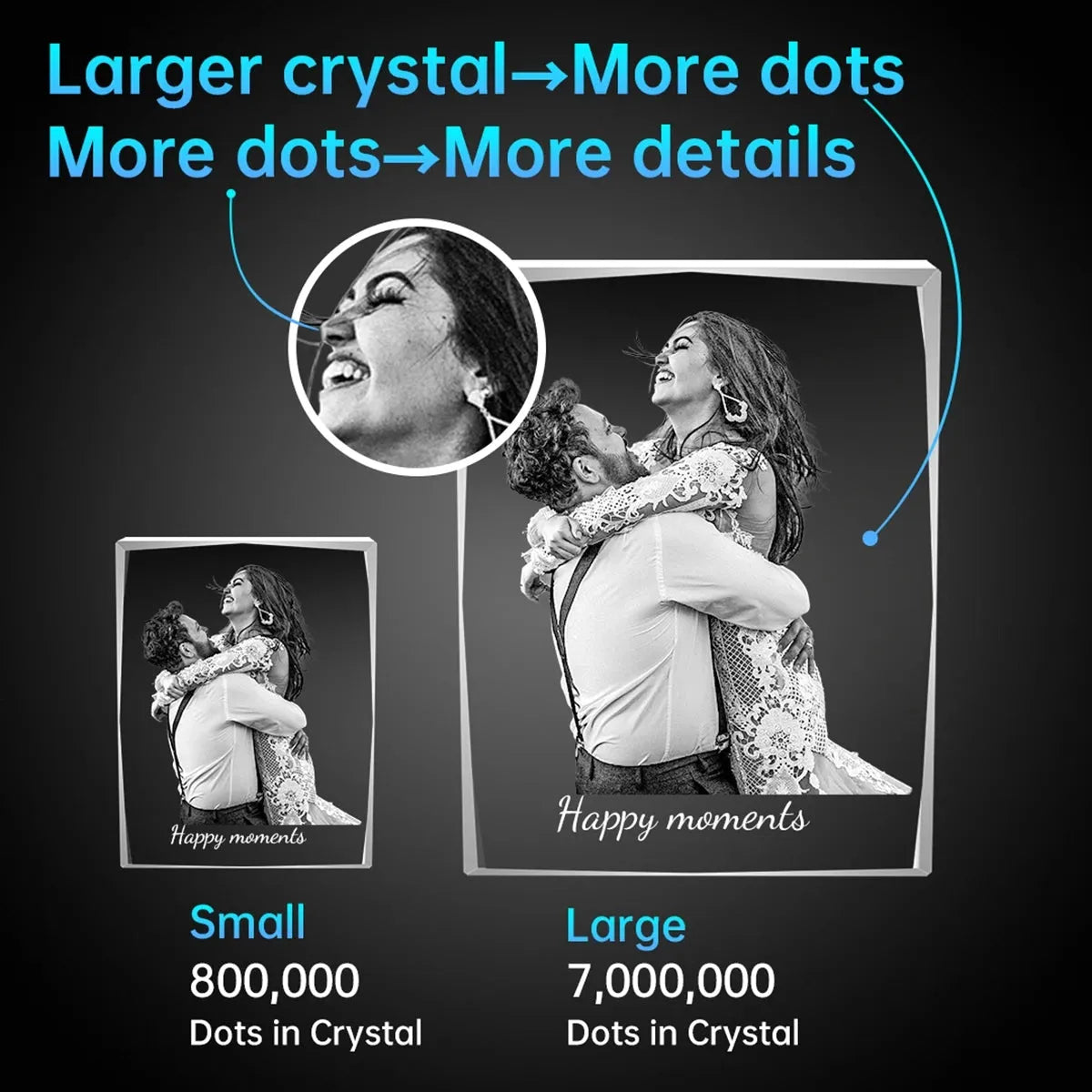 XL faceted 3D crystal photo frame on black background – highlights laser engraving, made in Australia