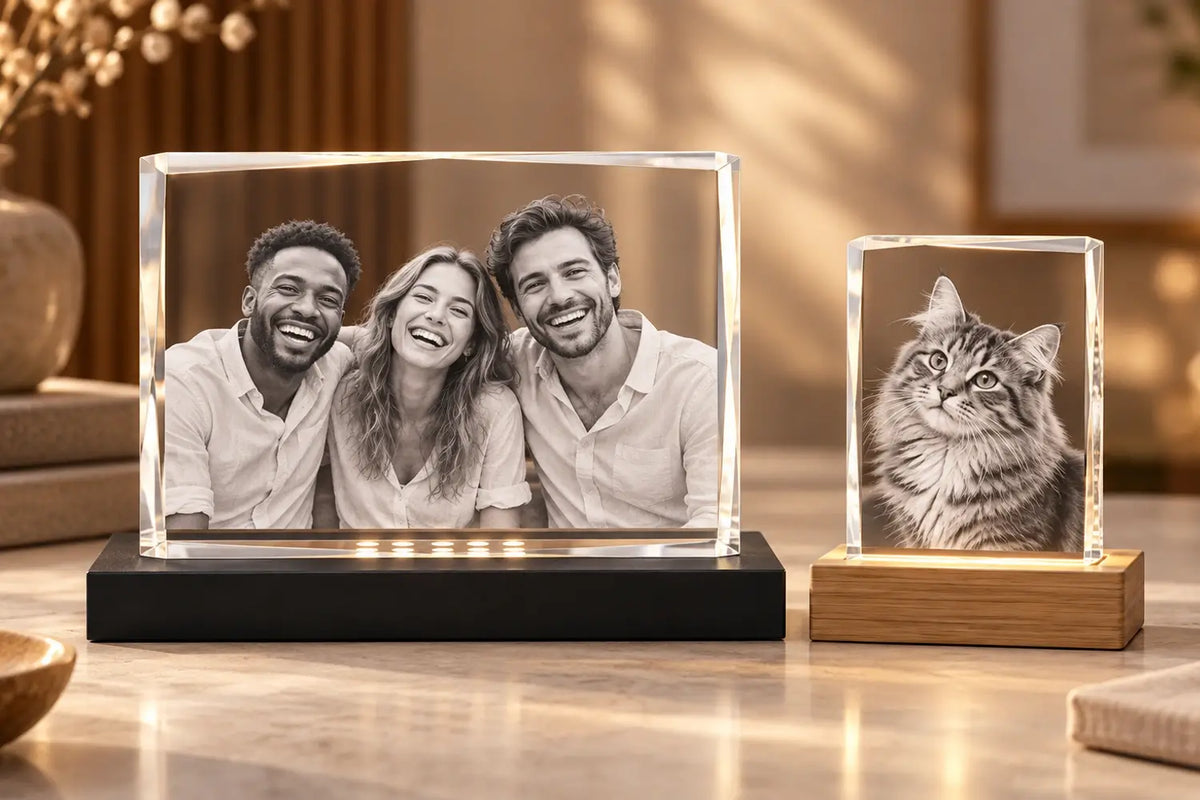 Illuminated rectangular crystals with flat 2D photo engravings of smiling people and a cat.