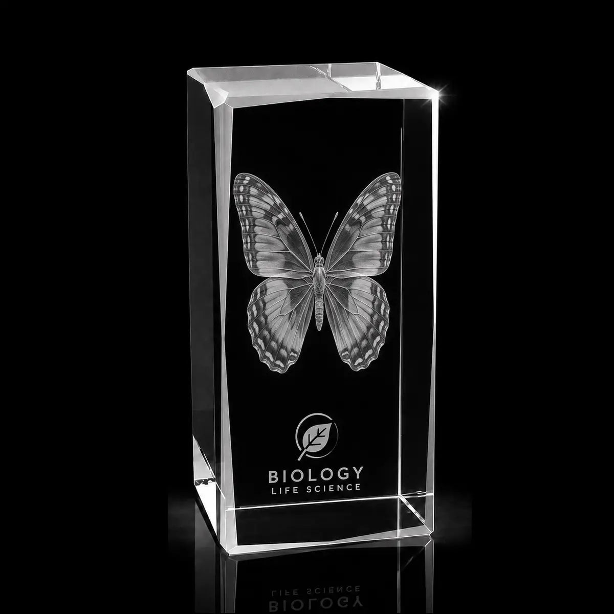 3D butterfly laser engraved inside a clear crystal award, custom biology life science trophy with 360-degree display.