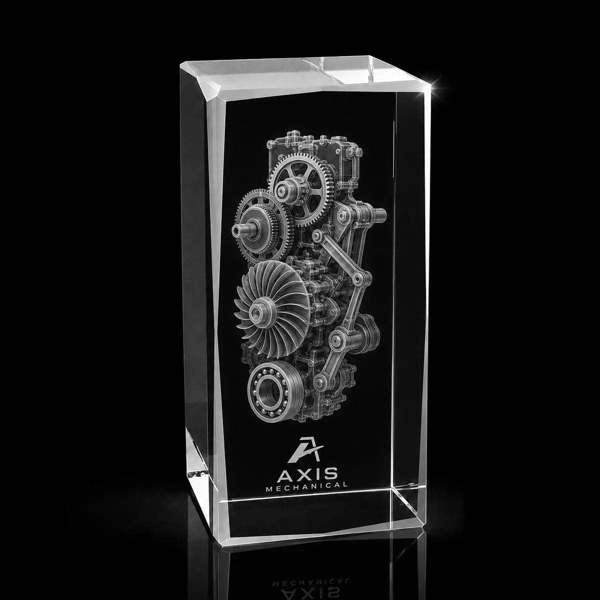3D mechanical system engraved inside a clear crystal award, custom engineering trophy with 360-degree display.