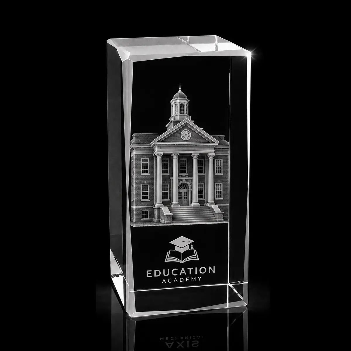 3D academy building engraved inside a clear crystal award, custom education trophy with 360-degree display.
