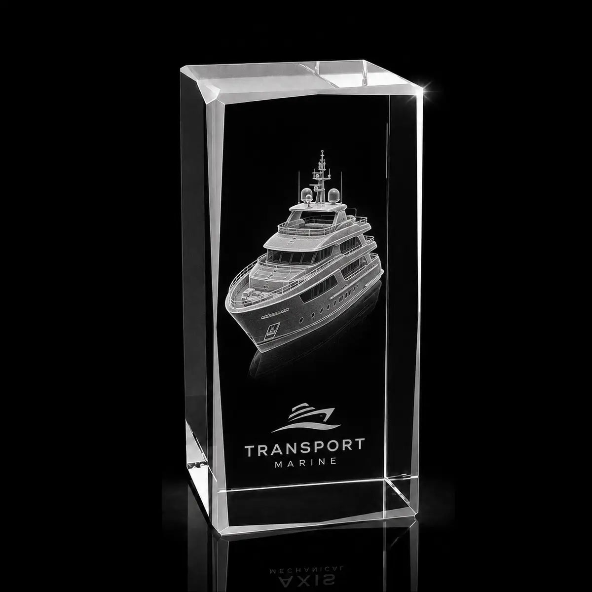 3D yacht model laser engraved inside a clear crystal award, custom marine transport trophy with 360-degree display.