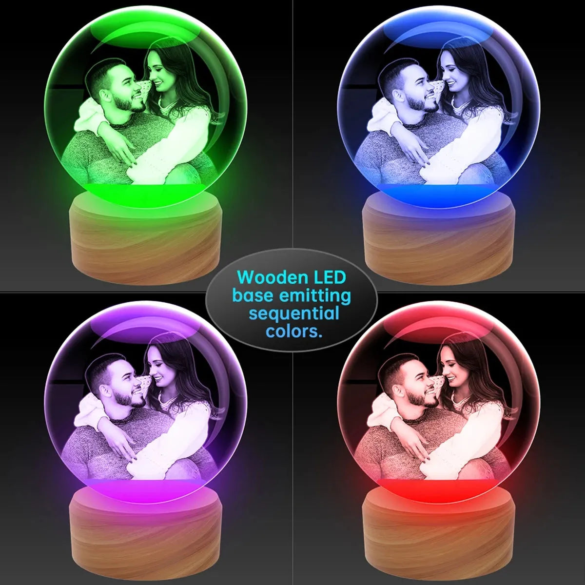 Custom 3D photo crystal ball gift under color-changing LED lights, crafted in Australia with free online delivery