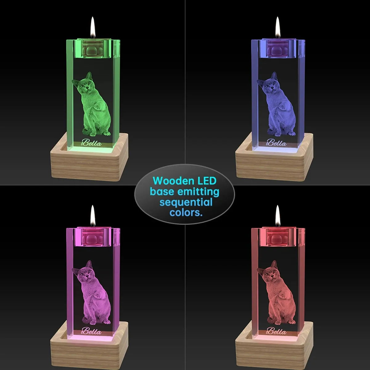 Colour-changing LED light effect on 3D crystal candle gift – enhances engraving, made in Australia