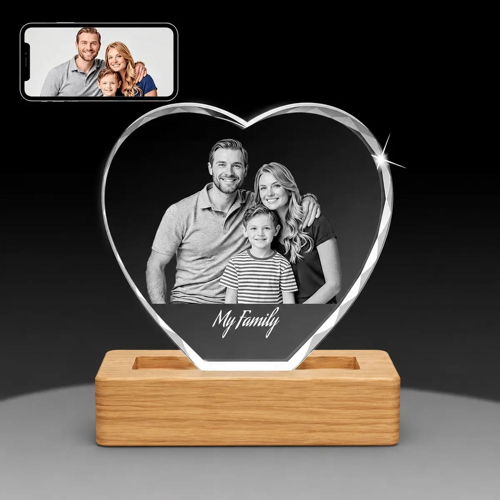 Faceted 3D heart crystal photo gift displayed on black background – highlights engraving depth, made in Australia
