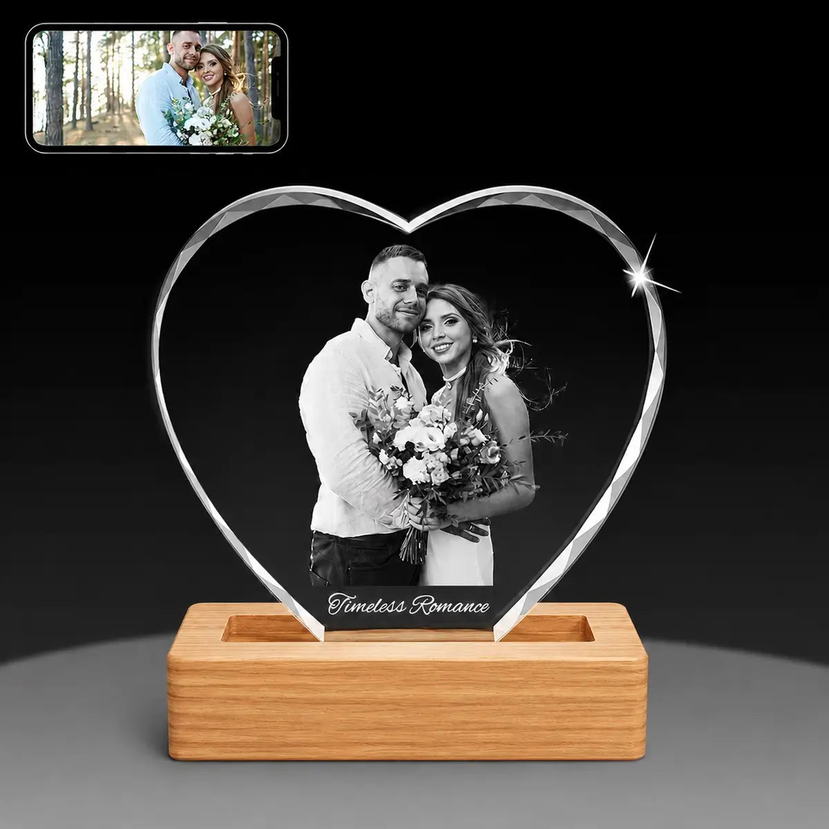 Custom 3D photo heart with diamond-cut edges shown on black background – Australian made, free shipping