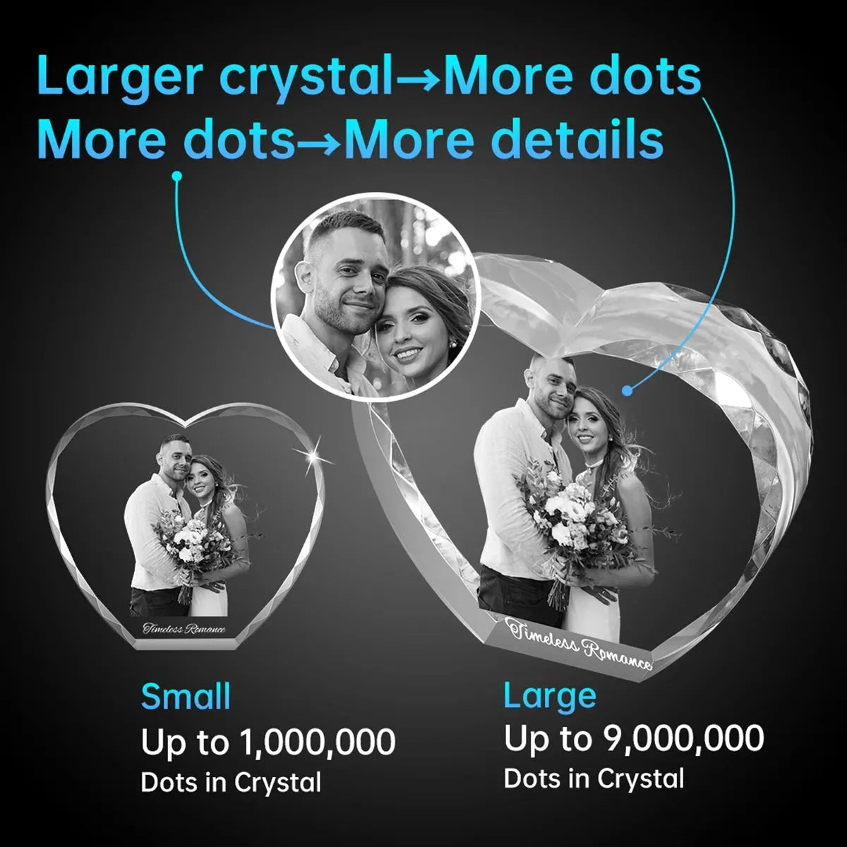 Fine dot engraving in faceted heart crystal – realistic 3D image effect, handcrafted in Australia