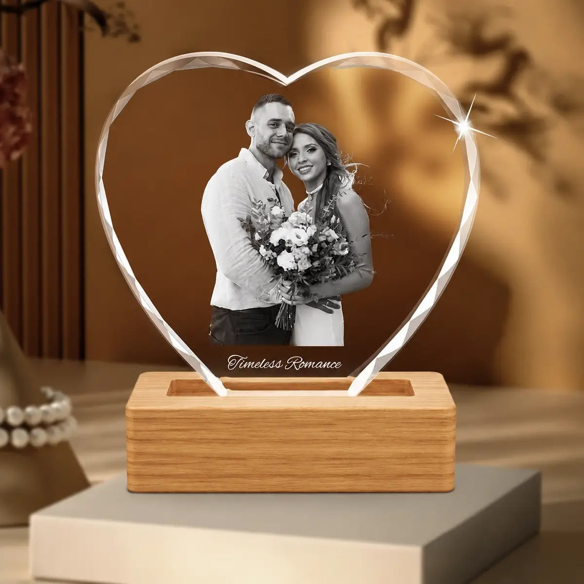 heart crystal with faceted edges and plastic LED stand – Australian made, free delivery
