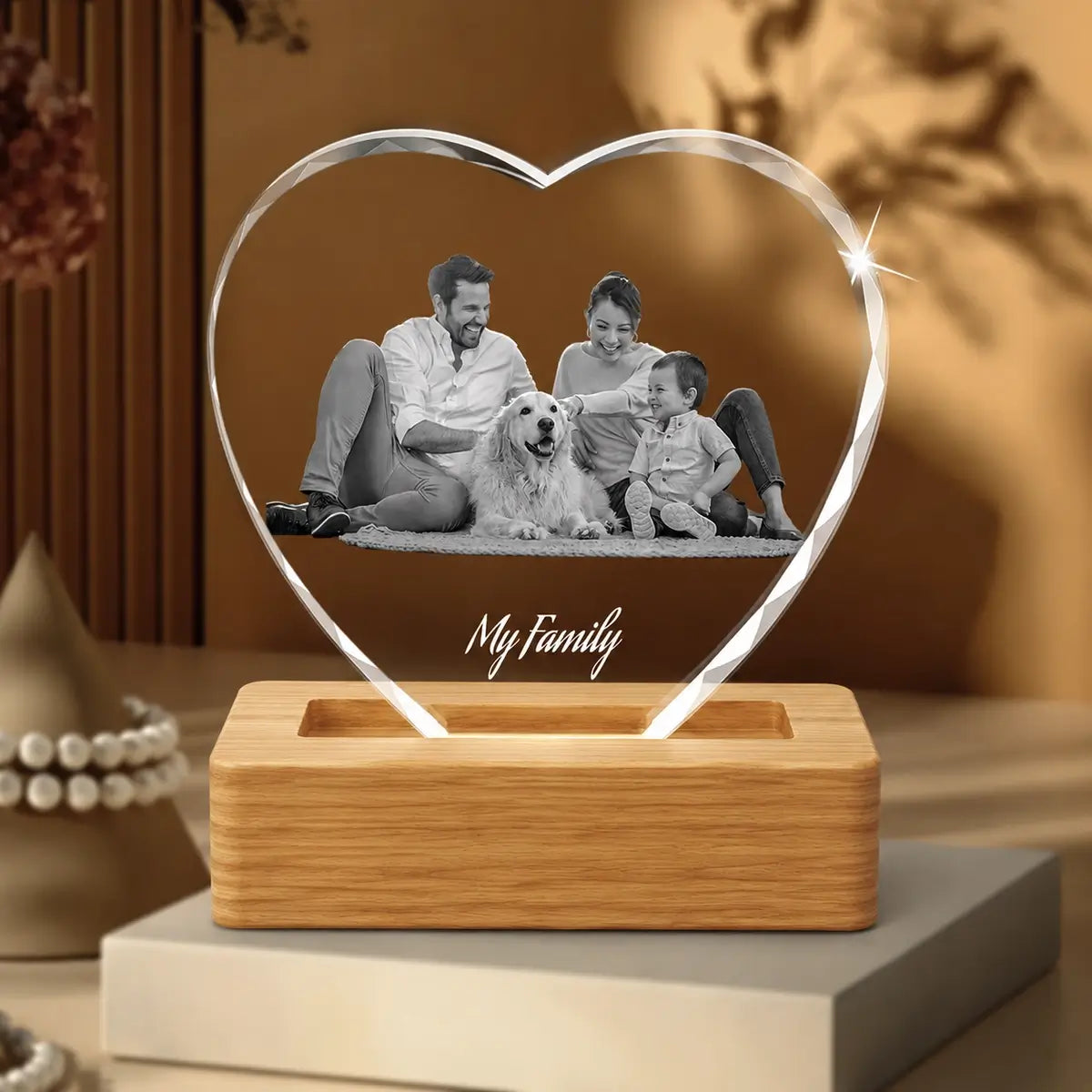 Faceted heart crystal with personalised photo and wooden LED light stand – made in Australia, free delivery