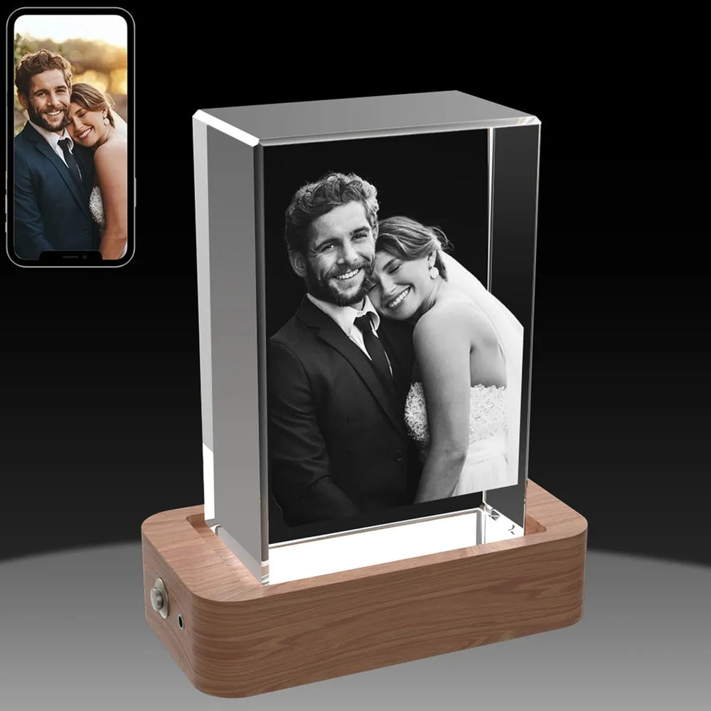 Personalised 3D crystal frame gift on dark background – showcases engraving effect, Australian made