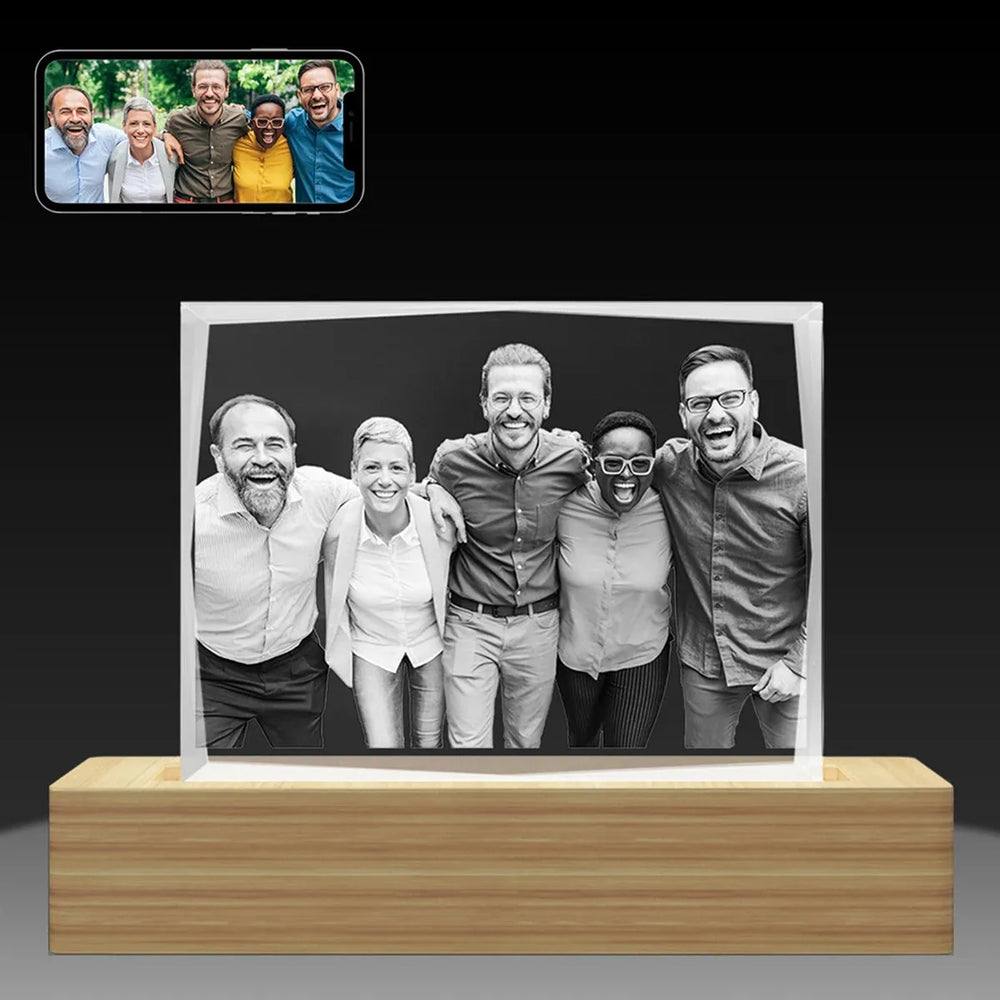 3D crystal picture frame with diamond cut edge on black background – highlights engraving and facets, made in Australia
