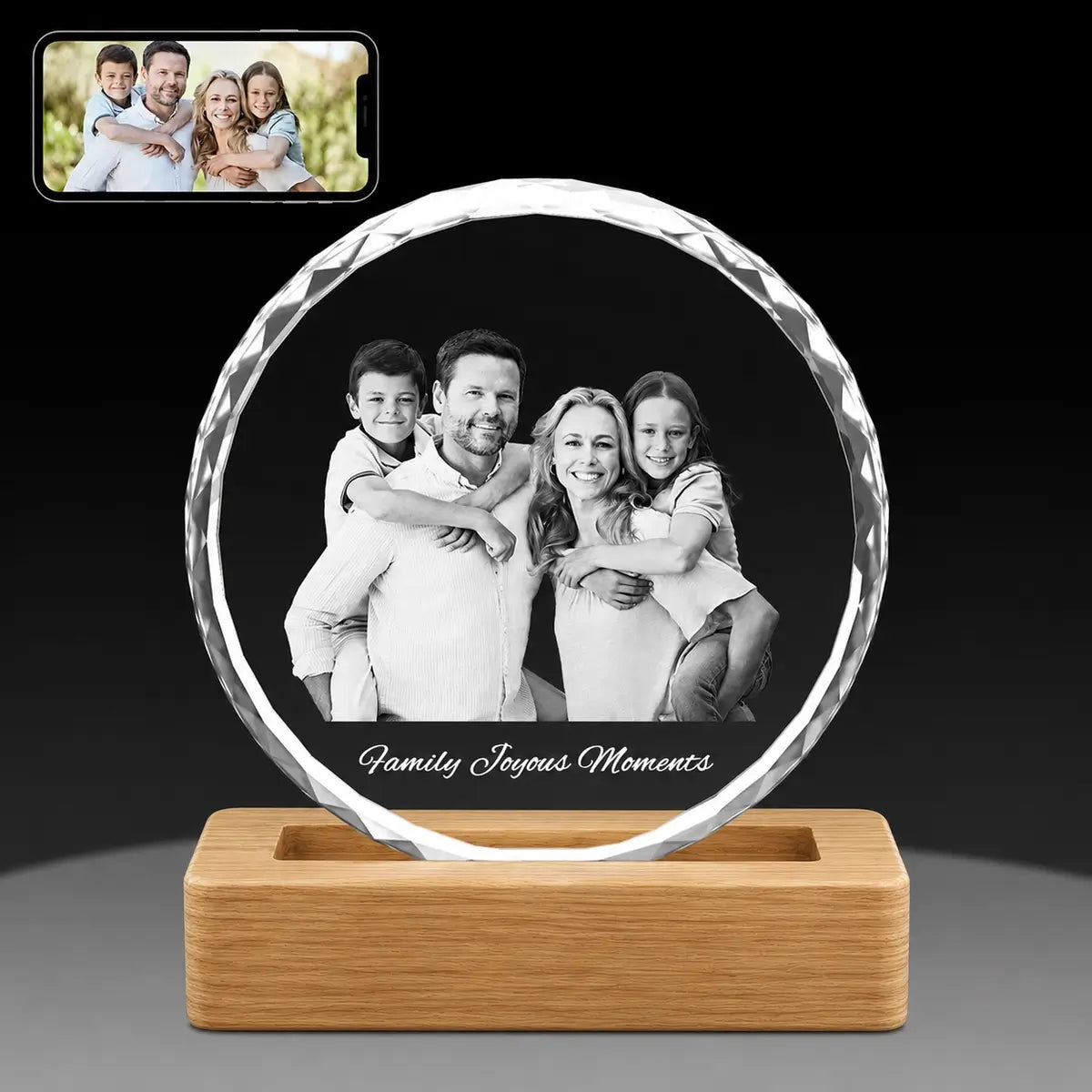 3D crystal sunflower photo gift on black background – highlights engraving detail, made in Australia