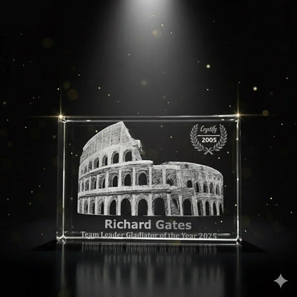 3D Crystal trophy & Award with engraved Colosseum design and text in Australia