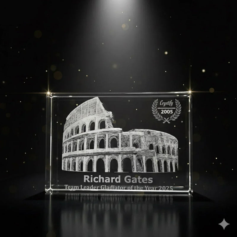 3D Crystal trophy & Award with engraved Colosseum design and text in Australia