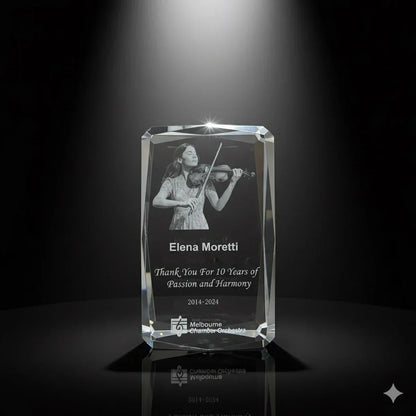 3D Crystal award & trophy with engraved photo and text in Australia