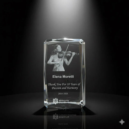 3D Crystal award & trophy with engraved photo and text in Australia