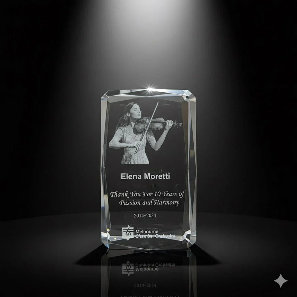 3D Crystal award & trophy with engraved photo and text in Australia