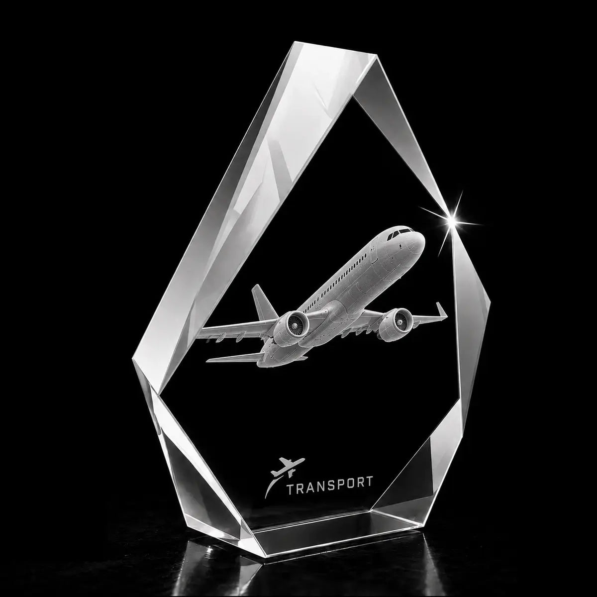 3D airplane laser engraved inside a clear iceberg crystal award, custom aviation trophy with 360-degree display.
