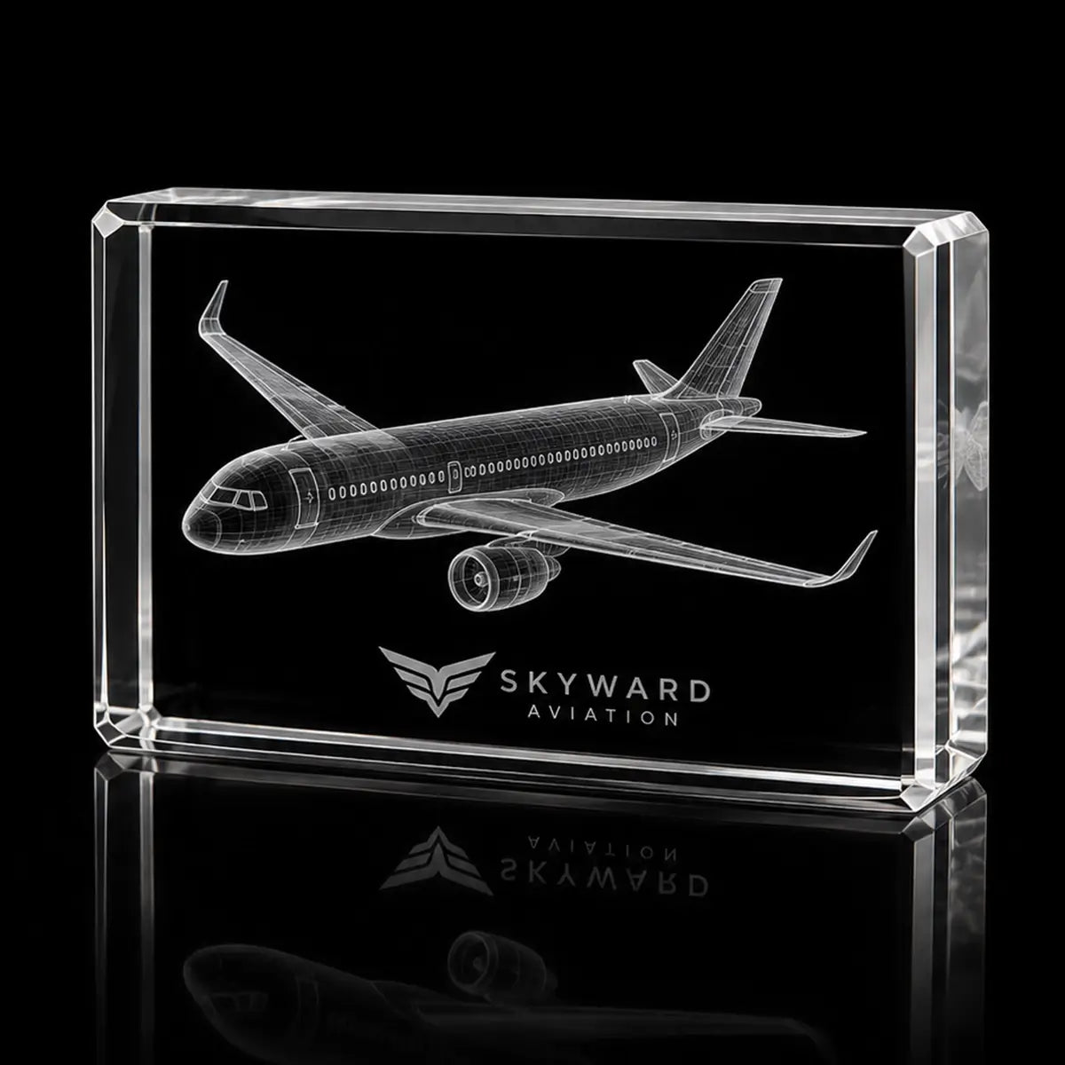 3D airplane model laser engraved inside a clear landscape crystal award, custom aviation trophy with 360-degree display.