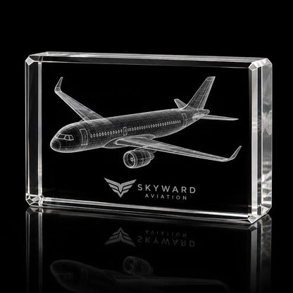 3D airplane model laser engraved inside a clear landscape crystal award, custom aviation trophy with 360-degree display.