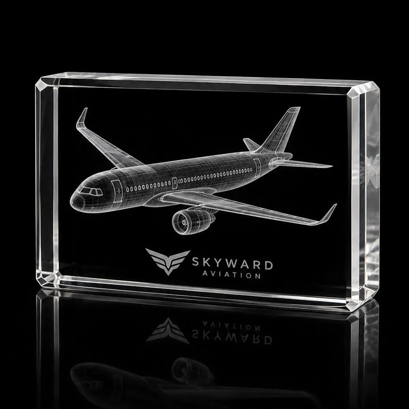 3D airplane model laser engraved inside a clear landscape crystal award, custom aviation trophy with 360-degree display.