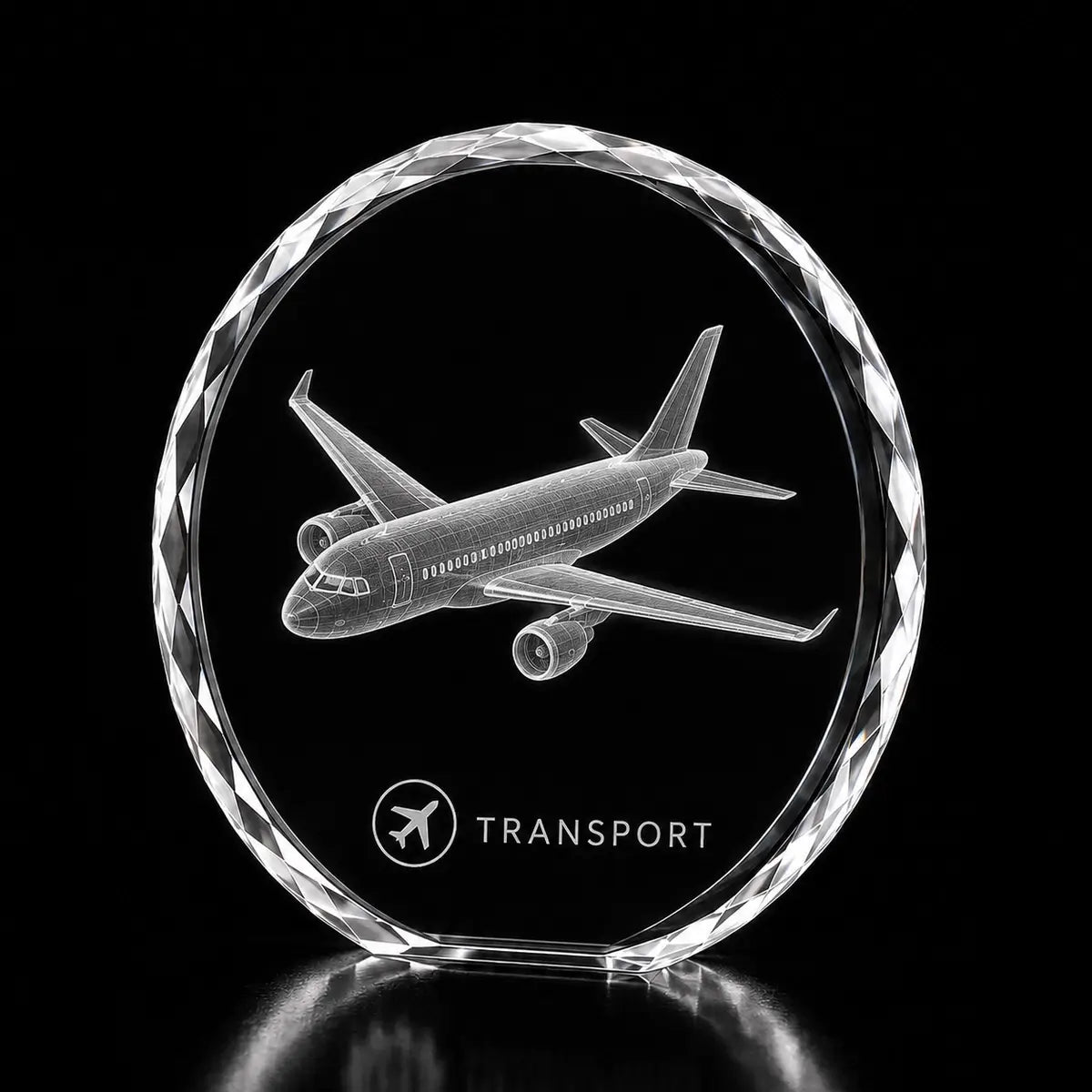 3D airplane laser engraved inside a clear round crystal award, custom transport crystal trophy with 360-degree display.
