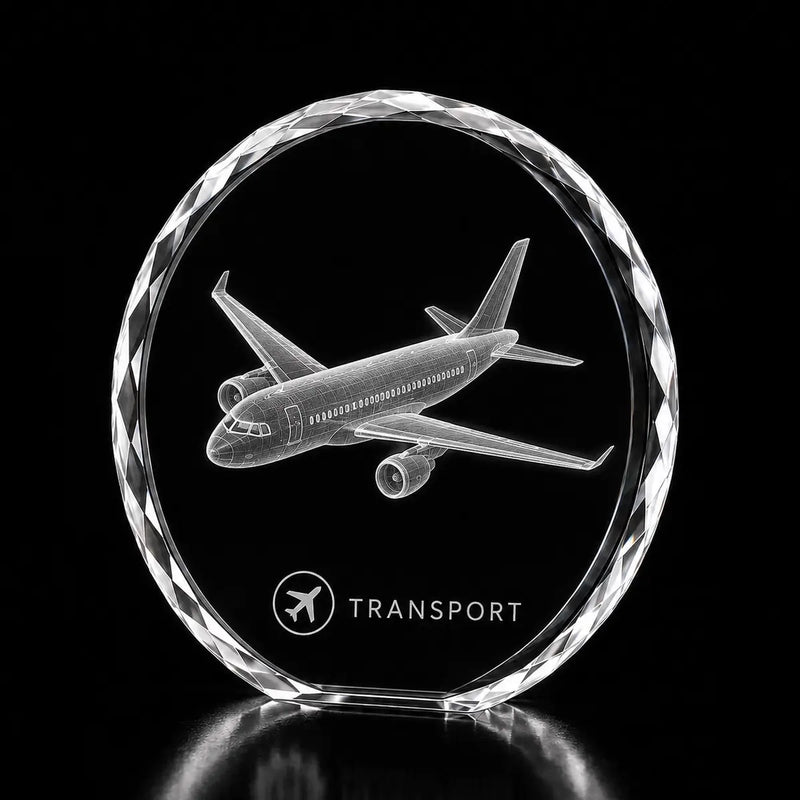 3D airplane laser engraved inside a clear round crystal award, custom transport crystal trophy with 360-degree display.