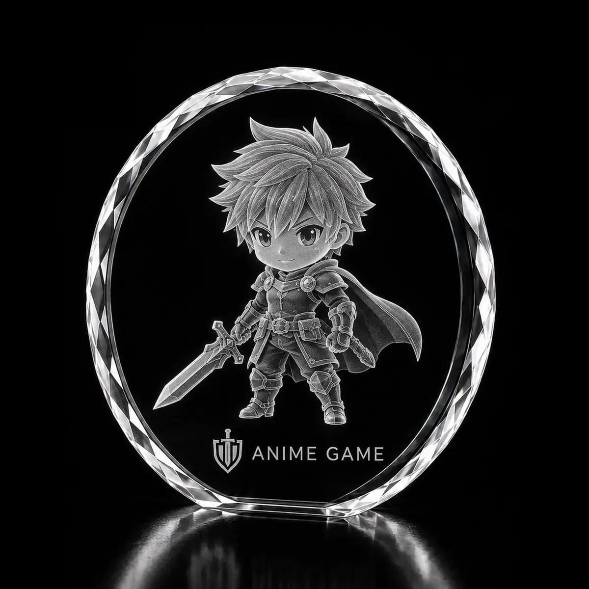 3D anime game hero character laser engraved inside a clear round crystal award, custom gaming crystal trophy with 360-degree display.