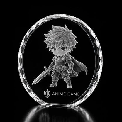 3D anime game hero character laser engraved inside a clear round crystal award, custom gaming crystal trophy with 360-degree display.