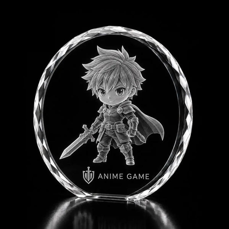 3D anime game hero character laser engraved inside a clear round crystal award, custom gaming crystal trophy with 360-degree display.