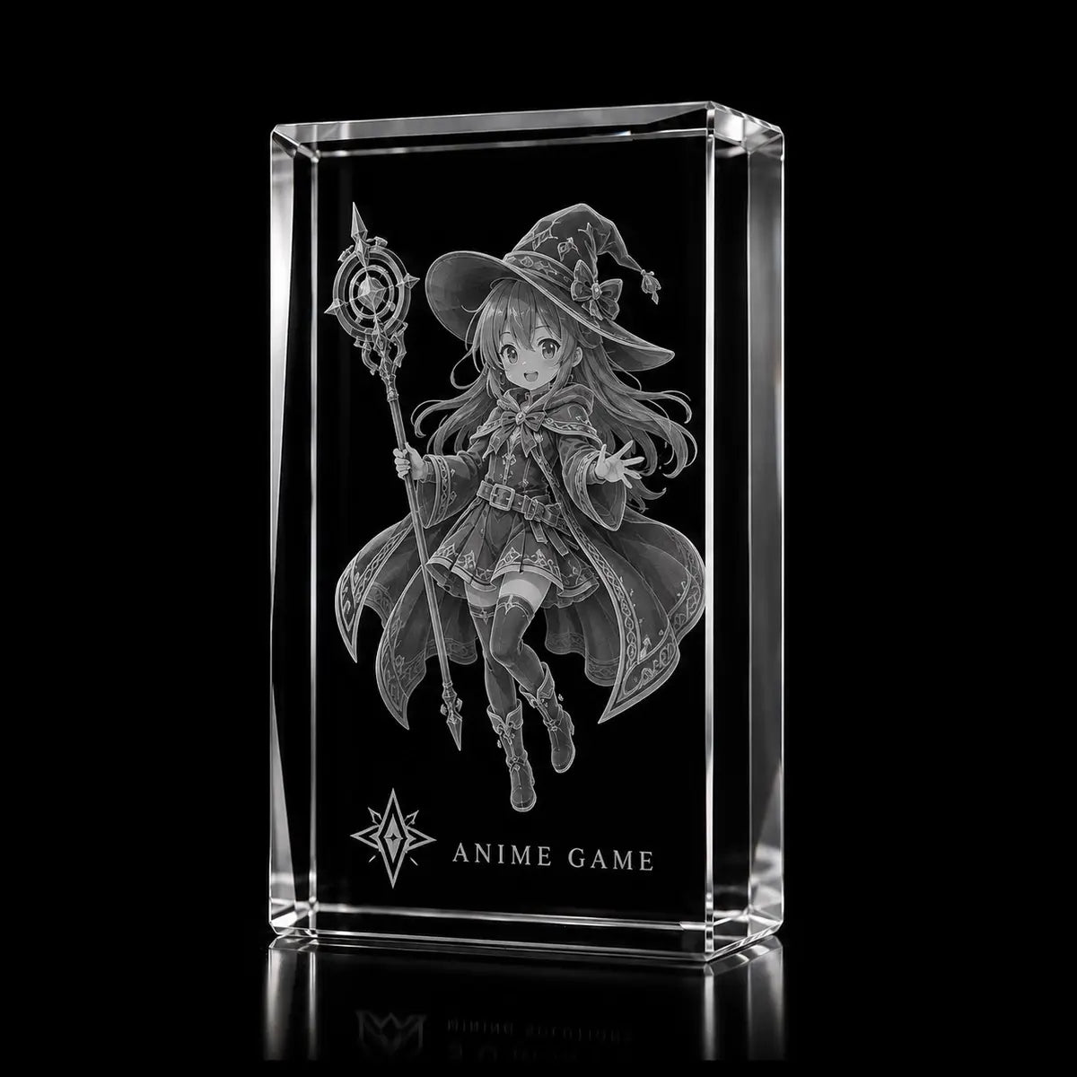 3D anime magic character laser engraved inside a clear portrait crystal award, custom anime game trophy with 360-degree display.