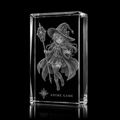 3D anime magic character laser engraved inside a clear portrait crystal award, custom anime game trophy with 360-degree display.