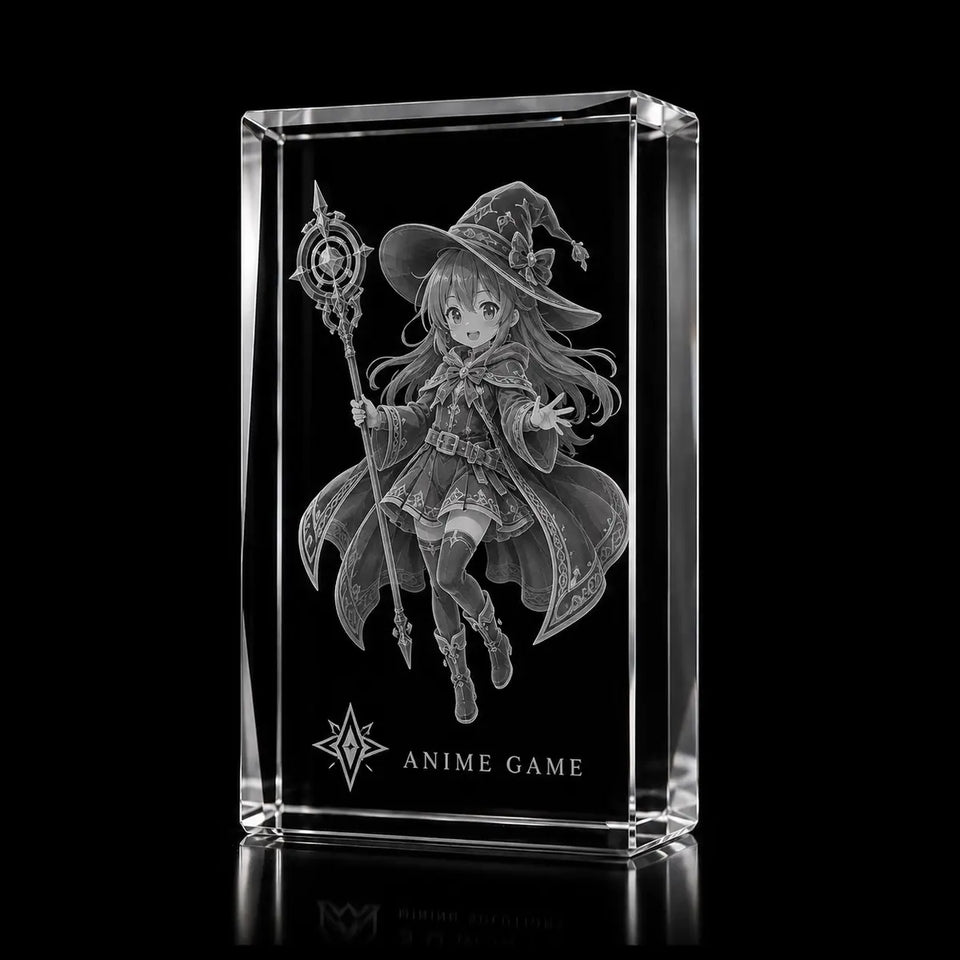 3D anime magic character laser engraved inside a clear portrait crystal award, custom anime game trophy with 360-degree display.