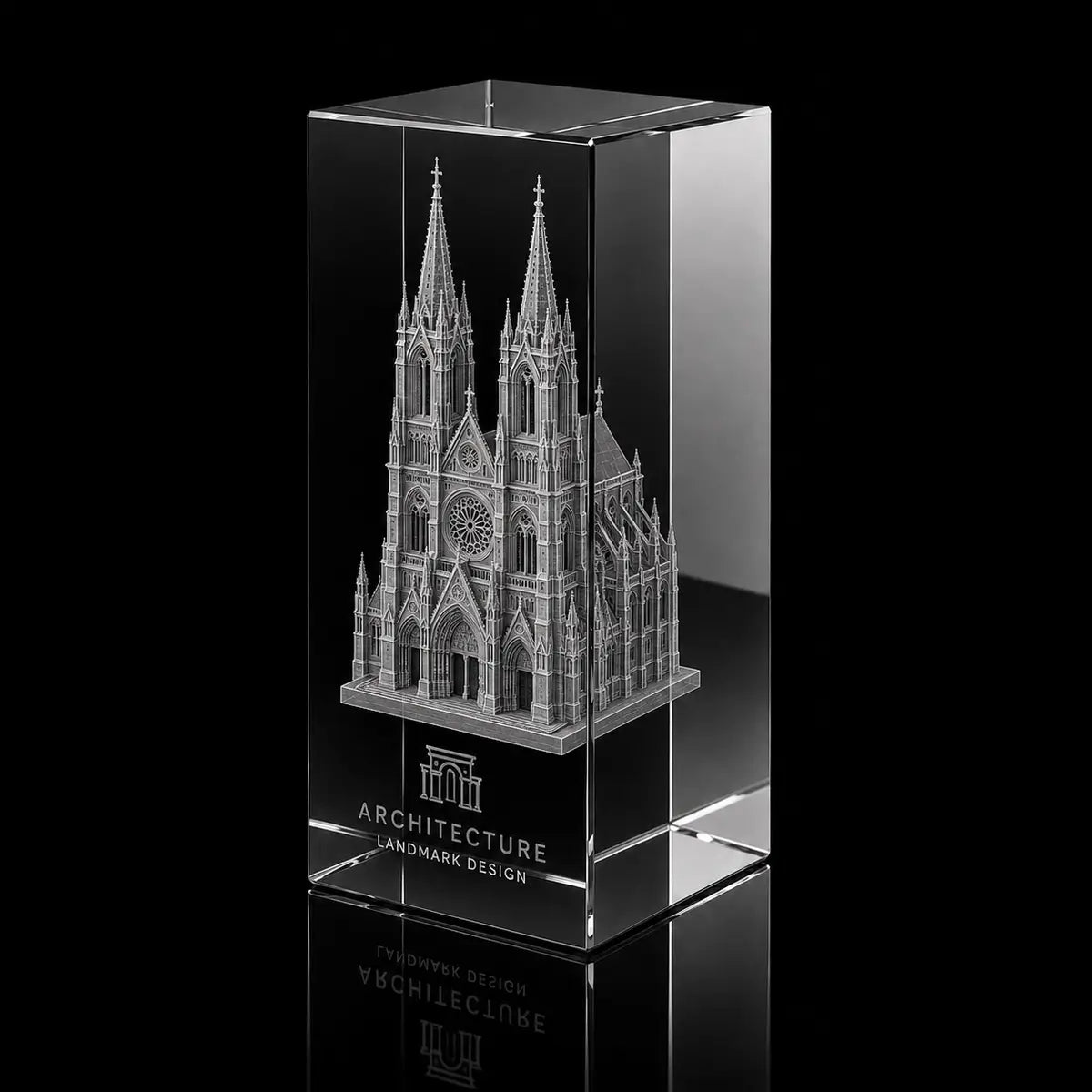 3D architectural landmark engraved inside a clear crystal award, custom building model trophy with 360-degree display.