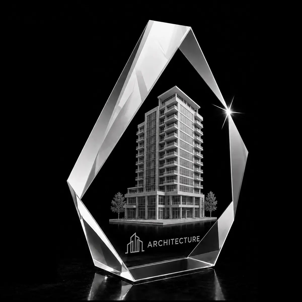 3D high-rise building laser engraved inside a clear iceberg crystal award, custom architecture trophy with 360-degree display.