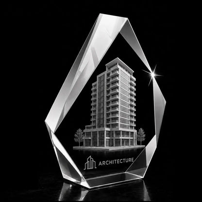 3D high-rise building laser engraved inside a clear iceberg crystal award, custom architecture trophy with 360-degree display.
