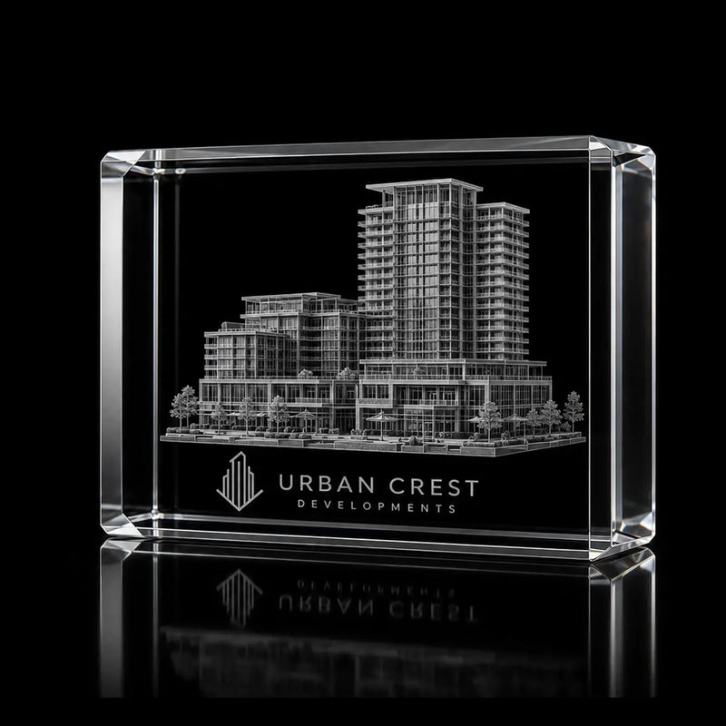 3D building model engraved inside a clear landscape crystal award, custom property development trophy with 360-degree display.
