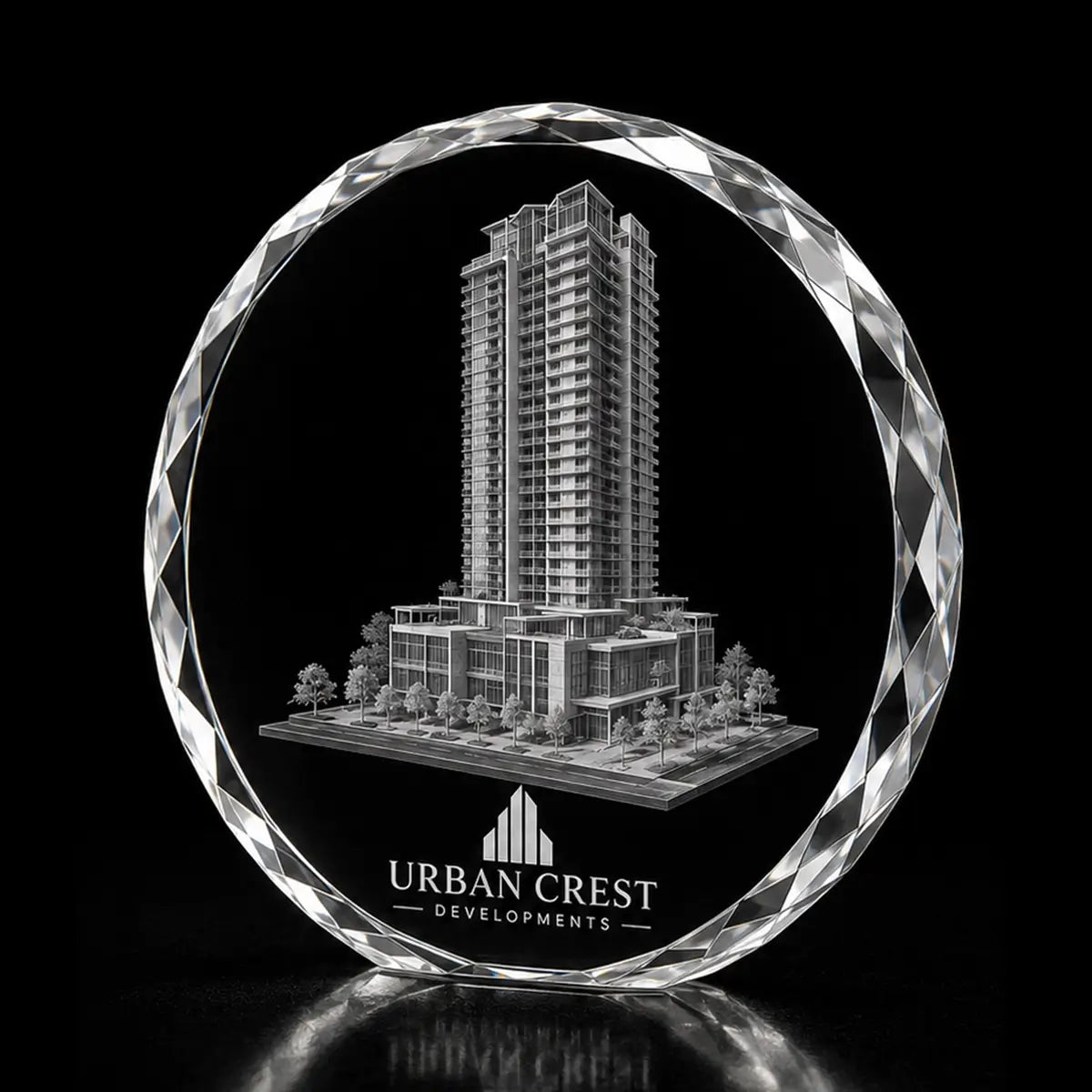 3D high-rise building laser engraved inside a clear round crystal award, custom architecture crystal trophy with 360-degree display.