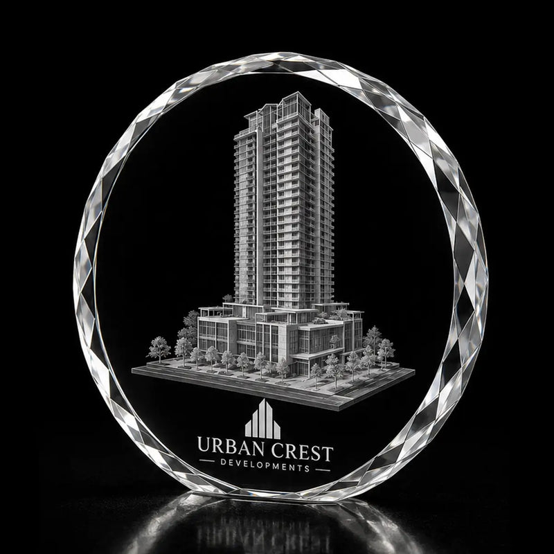 3D high-rise building laser engraved inside a clear round crystal award, custom architecture crystal trophy with 360-degree display.