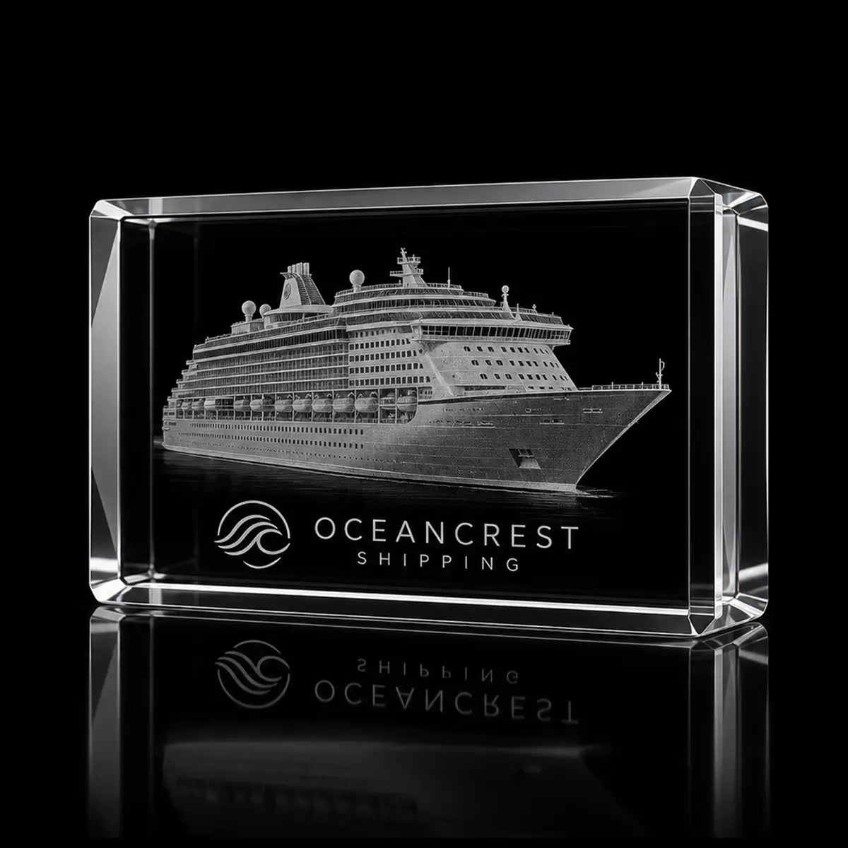 3D cruise ship model laser engraved inside a clear landscape crystal award, custom shipping trophy with 360-degree display.