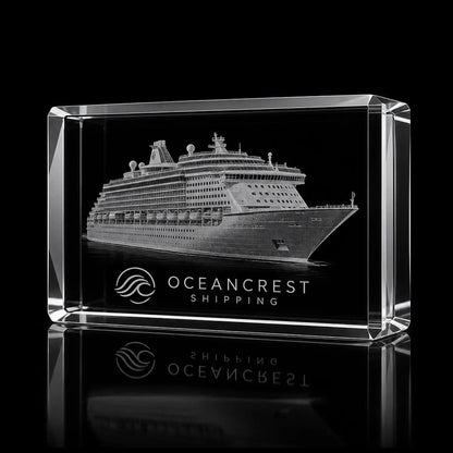 3D cruise ship model laser engraved inside a clear landscape crystal award, custom shipping trophy with 360-degree display.