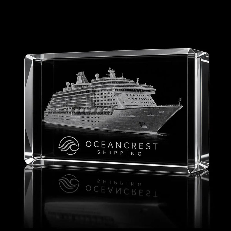 3D cruise ship model laser engraved inside a clear landscape crystal award, custom shipping trophy with 360-degree display.