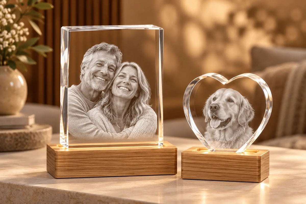 Illuminated rectangular and heart crystals with personalised 3D portraits on wooden light bases.