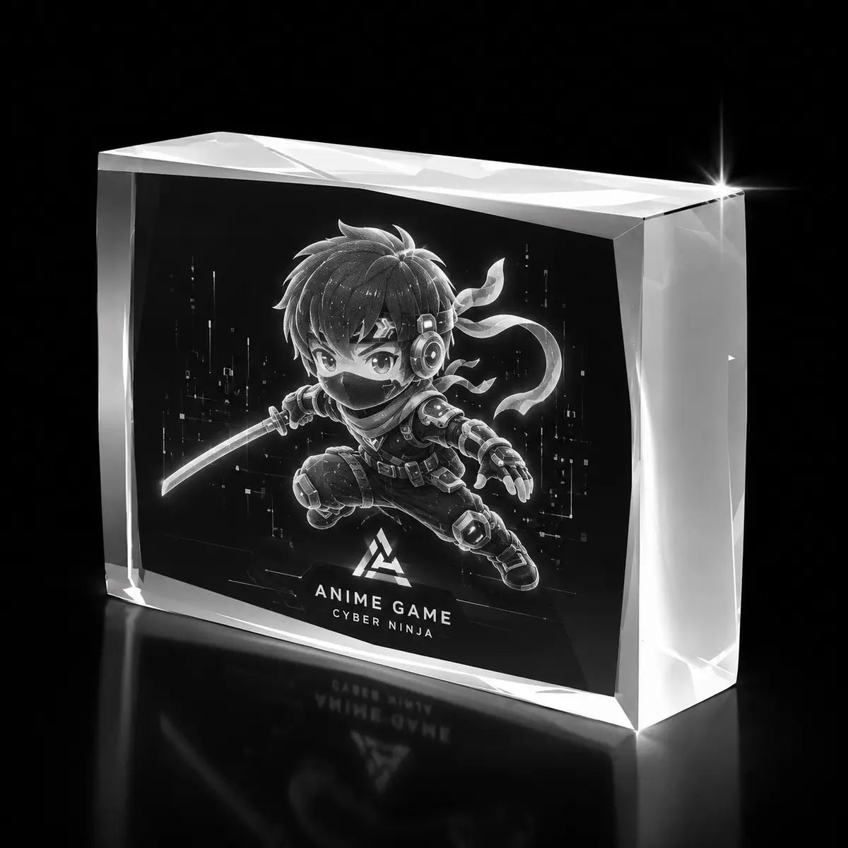 3D cyber ninja laser engraved inside a clear faceted landscape crystal award, custom anime game trophy with 360-degree display.