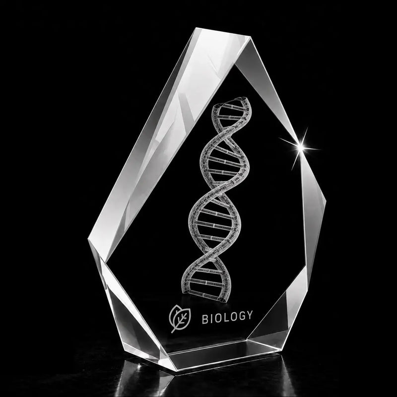 3D DNA double helix laser engraved inside a clear iceberg crystal award, custom biology trophy with 360-degree display.