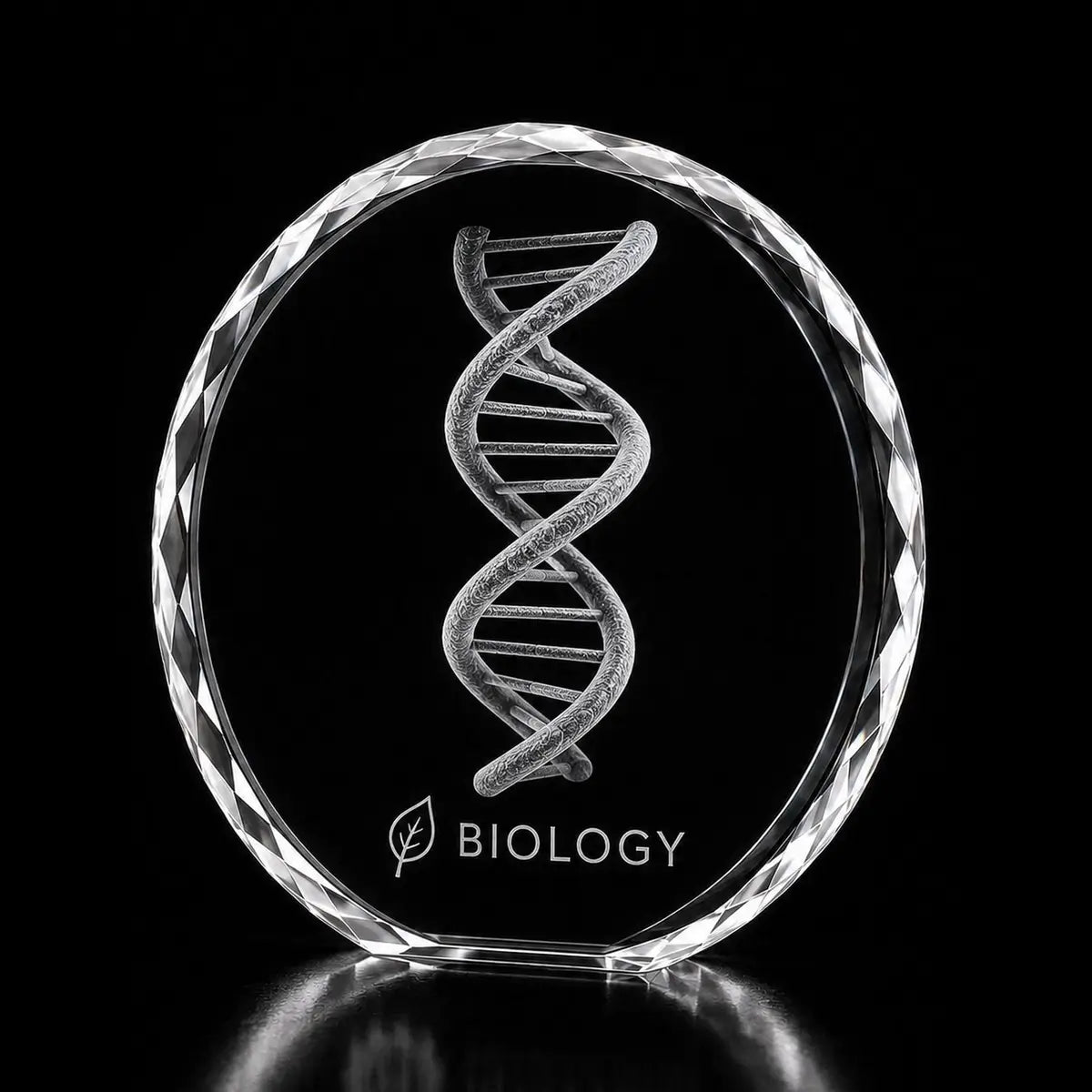 3D DNA double helix laser engraved inside a clear round crystal award, custom biology crystal trophy with 360-degree display.